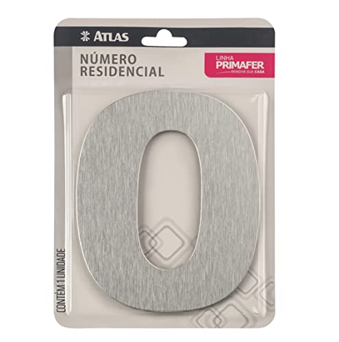 Número Residencial de Alumínio Escovado com Adesivo, 0 (Zero), Cor Prata, Linha Primafer, Atlas.