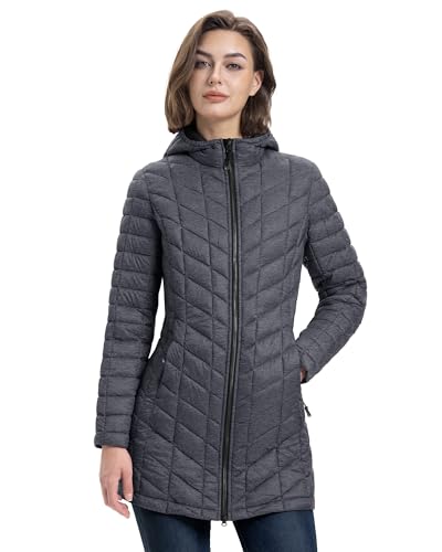 33,000ft Women's Winter Jacket Lightweight Long Quilted Jacket Water Resistant Transitional Down Jacket with Hood For Cold & Wet Weather Dark Grey M