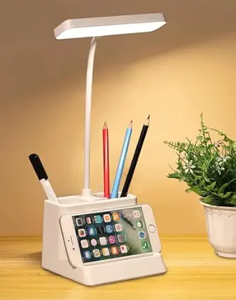 Saleon 3 Color Led Desk Lamp, Rechargeable Night Lamp, With Eye Care, With Pen & Phone Holder, Touch Sensor Lamp With Usb Charging, Flexible Gooseneck Lamp, Adjustable Reading Lamp - Plastic, White