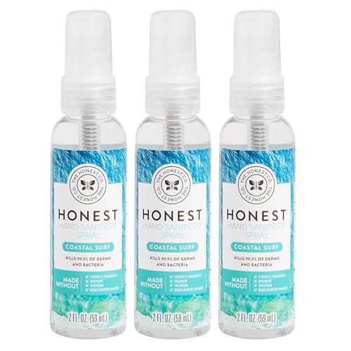 Image of The Honest Company Plant-Based Hand Sanitizer Spray | Kills 99.9% of Germs | Hypoallergenic, Quick-drying + Moisturizing | Coastal Surf, 2 fl oz each (pack of 3)