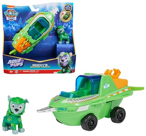 Patrulla Canina - Aqua PUPS - Figura DE ACCIÓN LA Patrulla Canina - Coche Transformable Pez Sierra Rocky con Figura de Acción Coleccionable de la Patrulla Canina - 6066143 - Juguetes Niños 3 Años +