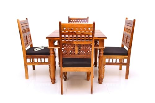 Image of B. N. FURNITURE Solid Sheesham Wood 4 Seater Dining Table Set with Black Cushioned Chairs | 34x34 Inch Square Table | Traditional Handcrafted Wooden Dining Set for Home & Apartment