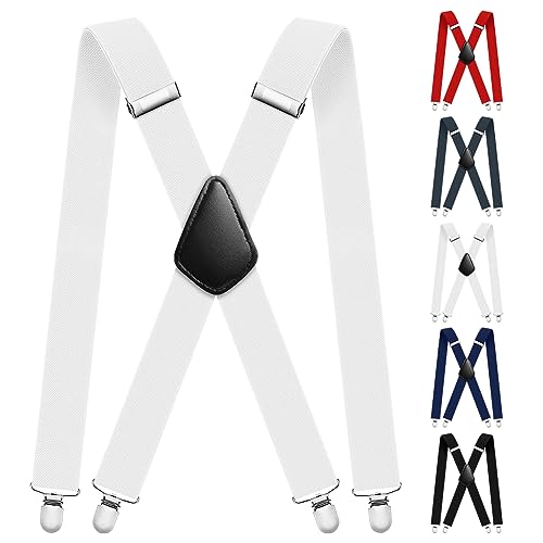 Aomig Hosenträger für Herren, Hosenträger Herren Extra Stark Breit 3,5 Cm mit Sehr Starken 4 Metall Clips, Einstellbar und Elastisch Einheitsgröße Hosenträger für Männer und Damen, X Style（Weiss）