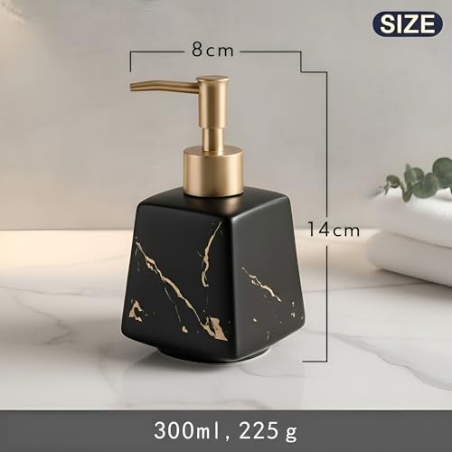 Image of Luxury Ceramic Soap Dispenser (Luxe Black) - 300 ml Matte Glazed with Gold Marbling Triangular Refillable Lotion & Handwash Pump Bottle for Bathroom, Kitchen Sink & Wash Basin Decor