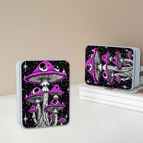 Image of Metal Tin Box with Lid,Multi-functional Storage Large Box Can Store Tea Biscuits Game Cards, Playing & Tarot Cards-Comes with 4 Magnetic Cord Clips,Psychedelic Purple Mushrooms