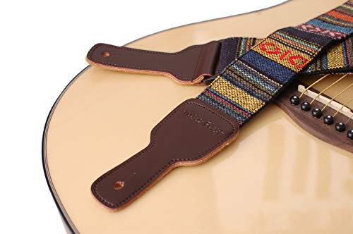 Music First Original Design, 2 Inch Width (5Cm), Classic Country Style Yarn-Dyed Fabric & Genuine Leather Delux Banjo Strap, With 2 Pieces Of Music First Leather Strap Locker. (Classic Country Style) #TOP4