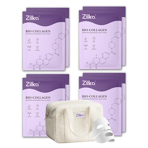 Image of Zilka Bio Collagen Korean Face Mask (Pack of 8) - Niacinamide, Hyaluronic Acid & Fast Absorbing Collagen | Overnight Hydrating Face Mask for Glass Skin | Anti-Aging, Firming, Reduces Fine Lines & Wrinkles | Korean Skincare