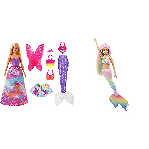 Barbie GJK40 - Dreamtopia 3-in-1 Fantasie Spielset, Puppe (blond) mit 3 Outfits und Zubehör: Fee, Meerjungfrau und…