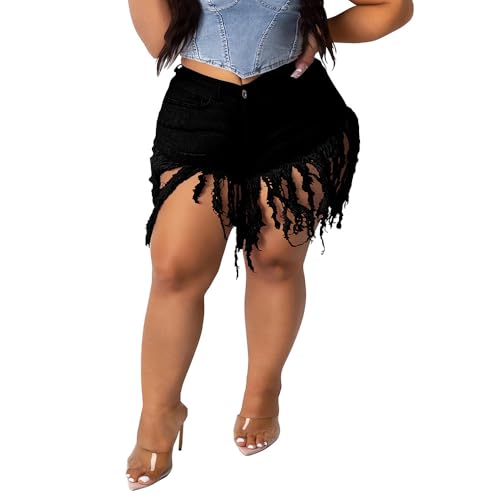 PINSV Women Plus Size Fringe Denim Shorts High Waisted...