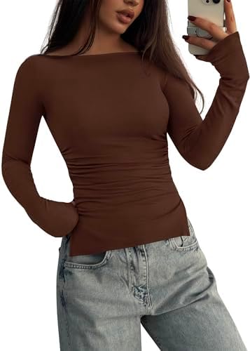 KIRUNDO Long Sleeve Shirts for Women 2025 Fall Casual Boat Neck Knit Workout Going Out Tops Fitted Side Slit Basic Tees