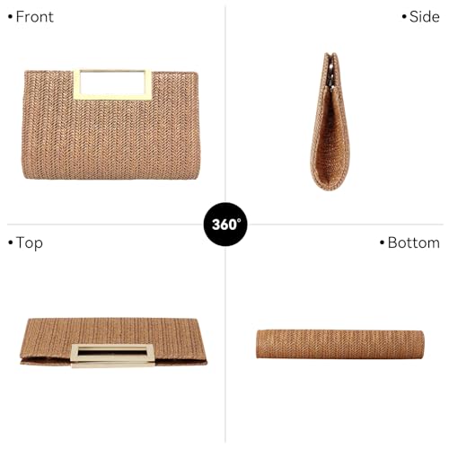 Image of Women's Straw Raffia Clutch Purse, Top Handle Woven Handbag with Crossbody Strap, Summer Beach Shoulder Bag