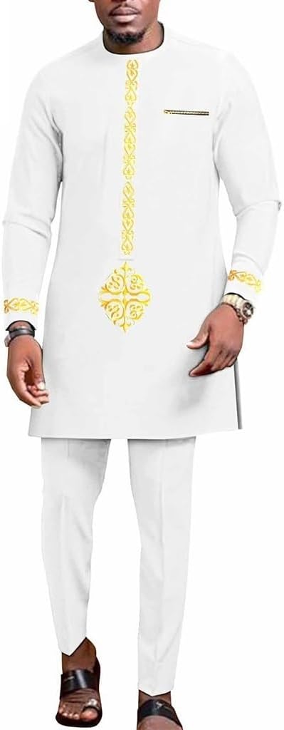 Men African Style Long Sleeve Dashiki Clothing Traditional 2 Piece Set Suit O-Neck Shirts and Pant Outfit