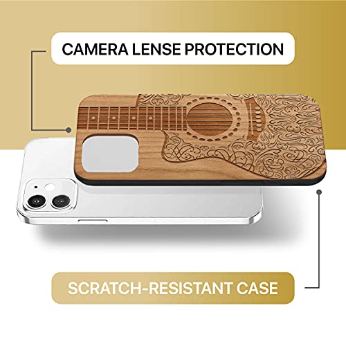 Caseyard Wood Phone Case For Iphone 11 Laser Engraved Electro Guitar Design Cherry Wood Compatible Iphone Case Protective Shockproof Slim Fit Cell Phone Cover For Men & Women #TOP5