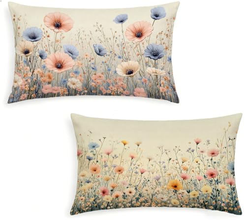 Image of Multicolor Outdoor Cushion Covers 50x70 cm Flower Pillow Cases 2 Pack Waterproof Decorative Pillows Linen Rectangle Pillow Covers 12x20 inch with Invisible Zip for Sofa Living Room Balcony -1234