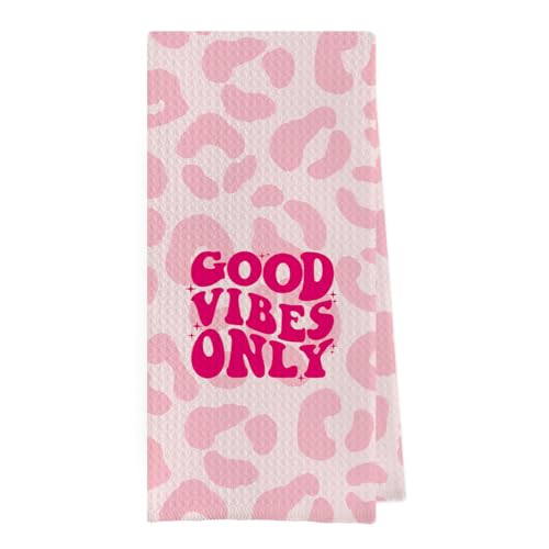Geqtt Pink Kitchen Hand Towels - Pink Leopard Print Kitchen Towels, Decorative Good Vibes Only Hand Towels for Bathroom, Retro Groovy Bathroom Decor