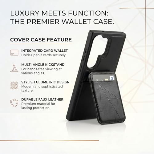 Image of amazon basics Premium Vegan Leather Back Cover with Card Holder and Integrated Mobile Stand for Samsung Galaxy S24 Ultra 5G - Slim Shockproof Wallet Case with Geometric Stitching [Black]