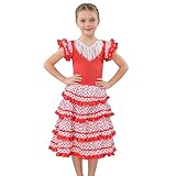 Wildarms Disfraz de Sevillana Niña - Vestido Flamenca Infantil con Volantes y Lunares - Traje Tradicional Andaluz para Feria, Carnaval y Baile (6 años)