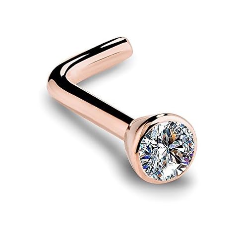 FreshTrends 14K Rose Gold Diamond Nose Ring with Flush Bezel Setting - 20 Gauge, I1 Cover