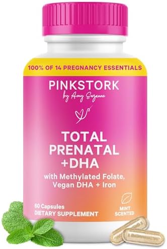 Pink Stork Total Prenatal Vitamins for Women | DHA, Folate, Iron, Choline, & Vitamin B12 | Preconception Nutrition | Prenatals for Women, Pregnancy Essentials | Doctor Formulated, 60 Count, Mint