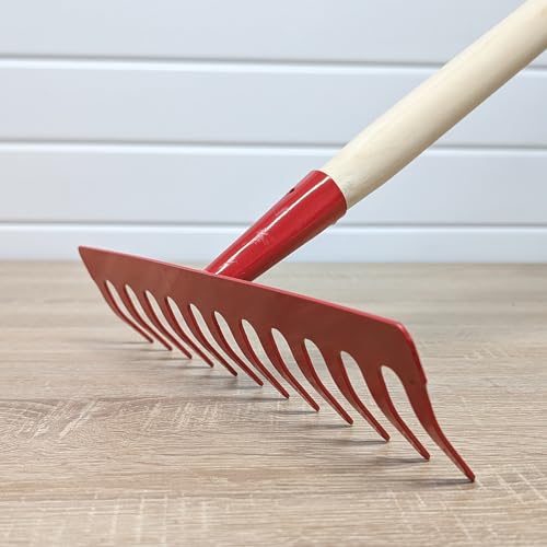Garten Gerät Harke Rasen Boden Erde Rechen 12 Zinken Metall rot Gartenrechen 28 cm mit Holz Stiel