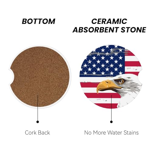 Image of American Flags Eagle Car Coasters for Cup Holder Absorbent Ceramic Cup Coaster 2 Pack Anti Slip Car Interior Accessories with Finger Notch Cork Base for Women Men 2.56 inch
