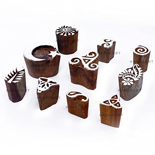 Image of Hashcart | Set of 10 | Handmade Wooden Multi Design Blocks for Scrapbooking, Wooden Stamps for Project Designing Fabric Textile Clay Pottery Craft Tattoo
