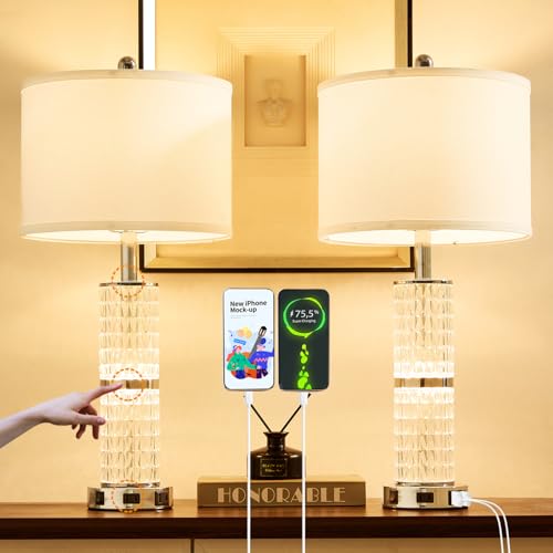 SAIWEYA Crystal Table Lamps Modern 3-Way Dimmable Bedside Lamp with 2 USB Ports & AC Outlets for...