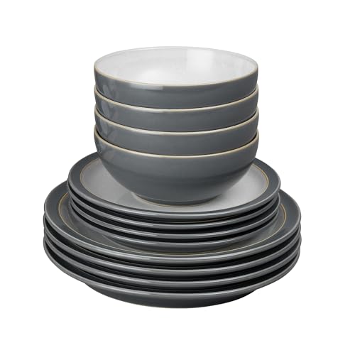 Denby - Elements Fossil Grey Dinner Set For 4 - 12 Piece Ceramic Tableware Set - Dishwasher Microwave Safe Crockery Set - 4 x Dinner Plates 4 x Medium Plates 4 x Cereal Bowls