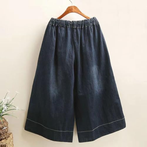 chouyatou Women's Y2k Baggy Wide Leg Cropped Jeans Flower Embroidered Elastic Waist Capri Denim Pants Culottes2