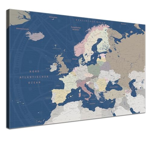 LANA KK Europakarte-Pinnwand als Leinwandbild zum pinnen der Reisen – „Europakarte Titan” - Deutsch - Landkarten-Wandbild Europa in blau, 60 x 40 cm
