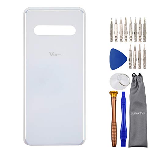 Sunways Glass Back Case Battery Door with Pre-Cut Adhesive on Case Replacement for LG V60 ThinQ 5G LM-V600 Classy White