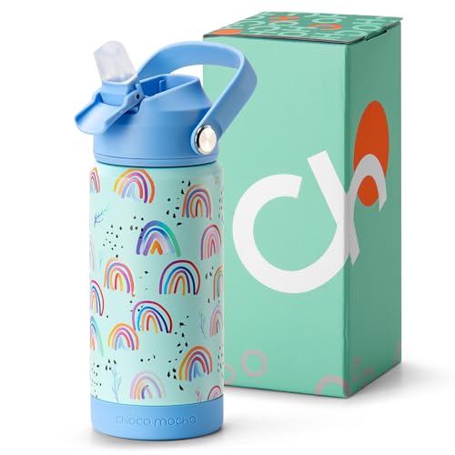 Choco Mocha Girls Water Bottle Stainless Steel Kids Metal Insulated Bottle with Straw 450ml/14Oz, Blue Rainbow