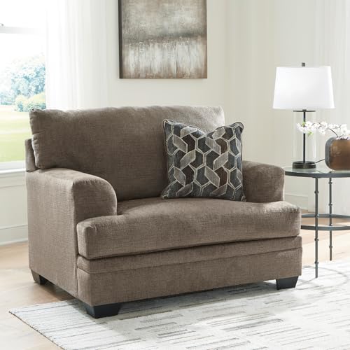Image of Signature Design by Ashley Stonemeade Oversized Chair, Cozy Chair and a Half with Toss Pillow, Deep Seating Living Room Accent Armchair, Soft Chenille Fabric, Reversible Cushion, Nutmeg Taupe Brown
