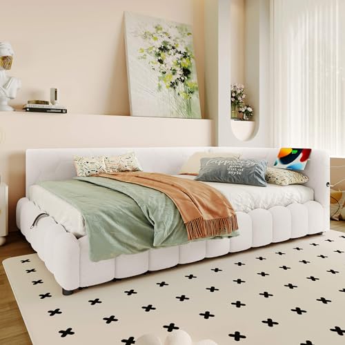 HYUB Polsterbett 140x200 cm, Tagesbett Doppelbett mit Rückenlehne und Bettkasten, Hydraulisches Bett mit Beleuchtung und Lattenrost, für Schlafzimmer und Gästezimmer, Vliesimitat, Weiß – Bild 5