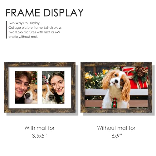 Image of DUENPY 6x9 Picture Frame Double 3.5x5 Collage Picture Frame Displays Two 3.5x5 inch Photos Collage Wall Decor Wall Hanging or Tabletop Brown