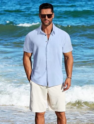 Image of MAPICK Mens Linen Shirts Short Sleeve Button Down Shirt Casual Untucked Fit