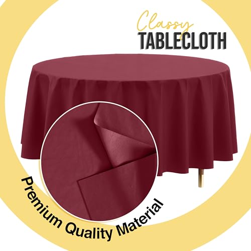 Image of Exquisite 66% Thicker Premium Burgundy Round Tablecloth 0.5 Mil 12 Pack Plastic Table Cloth Disposable 84 Inch Round Plastic Tablecloth Won't Tear Easily Like Cheap Thin Brands