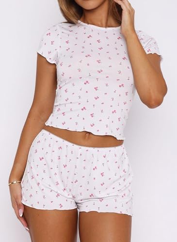Image of Lacozy Cute Pajamas for Women Set 2 Piece Short Sleeve Pjs Floral Graphic Crop Top Y2K Summer Sleepwear Lounge Set