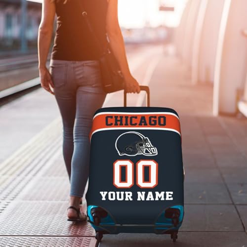 Image of Custom Chicago Luggage Cover Personalized Football Style Suitcase Cover with Name Number Customized Washable Elastic Sports Travel Suitcase Protector for Business Vacation Gifts