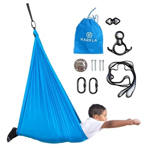 Harkla Sensory Swing - Indoor Sensory Swing for Kids - Sensory Toys - Comes with Heavy Duty Hardware and Soft Nylon Fabric for Calming Effect, Holds Up to 135kg (Blue, 110" - Swing Swivel) Cover