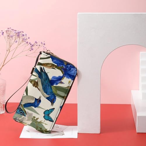 Botanical Blue Birds And Butterflies PU Leather Clutch Long Bifold Wallet, Coin Purse Credit Pass Case, Durable Card-Holder Money Storage for Women Men 6