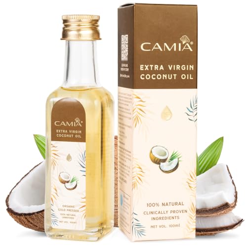 Image of CAMIA - 100% Organic Cold Pressed Coconut Oil for Skin & Hair | 100% Pure & Natural Hair Oil | Skin Hydration & Nourishment | Premium Skin Care | Ideal for Skin & Hair Care | 100 ML Glass Bottle