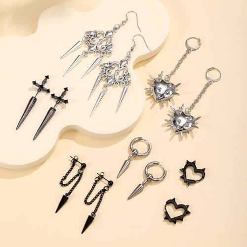 Goth Earrings Set Y2K Heart Spike Black Gothic Emo Sword Rock Punk Chain Dangle Halloween Earrings for Women Men 6 Pairs2