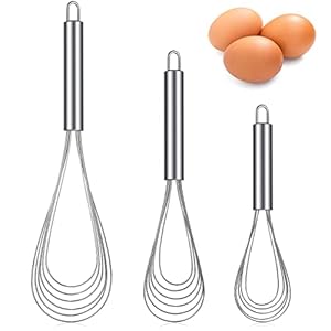 Patelai 3 Pieces Stainless Steel Kitchen Flat Whisk Set Stainless Steel Flat Wire Egg Utensils Whisk 6 Wires Egg Mixing Whisk for Cooking Blending Whisking Beating (8 Inch,10 Inch,11.6 Inch)