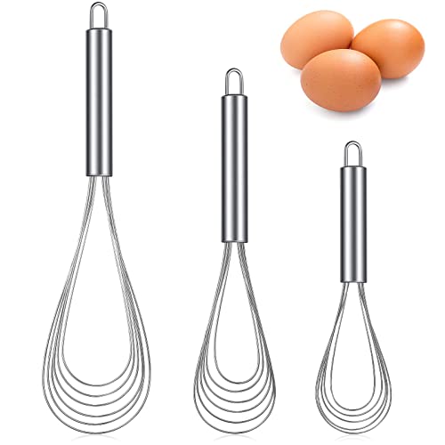 Patelai 3 Pieces Stainless Steel Kitchen Flat Whisk Set Stainless Steel Flat Wire Egg Utensils Whisk 6 Wires Egg Mixing Whisk for Cooking Blending Whisking Beating (8 Inch,10 Inch,11.6 Inch)