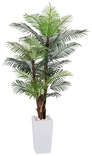 Artificial Palm Tree 7FT, Fake Tree with Realistic Fiber Trunks and White Tall Planter, Faux Tropical Areca Floor Plant in Pot, Artificial Silk Plant for Home Decor Office Decor Indoor