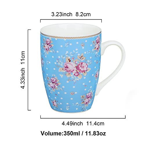 Fanquare 12Oz Coffee Mugs Set Of 4 For Women, Floral Porcelain Coffee Cups Set, Large Blue Ceramic Coffee Mugs For Tea, Cappuccino, Latte #TOP5