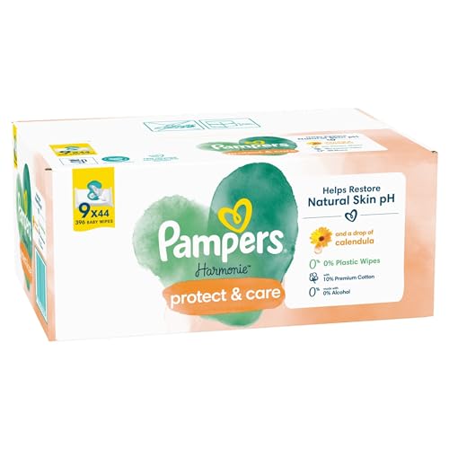 Pampers Harmonie Protect & Care - Toallitas húmedas (9 paquetes de 44 toallitas húmedas cada uno) = 396 toallitas húmedas que ayudan a restaurar el pH natural de la piel