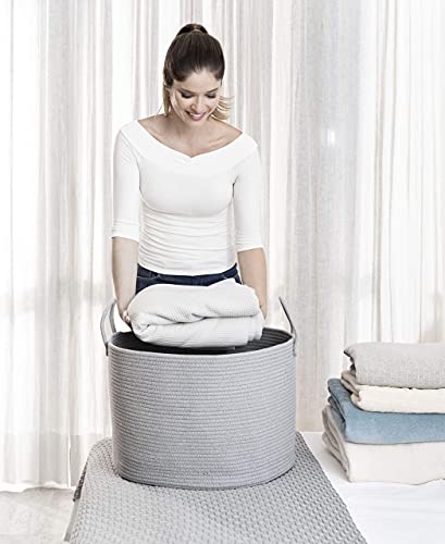 Image of OrganiHaus Round Toy Basket & Blanket Basket, Cotton Rope 20x13 inch | Full Gray - Round Cotton Rope Basket, 20x13 inch