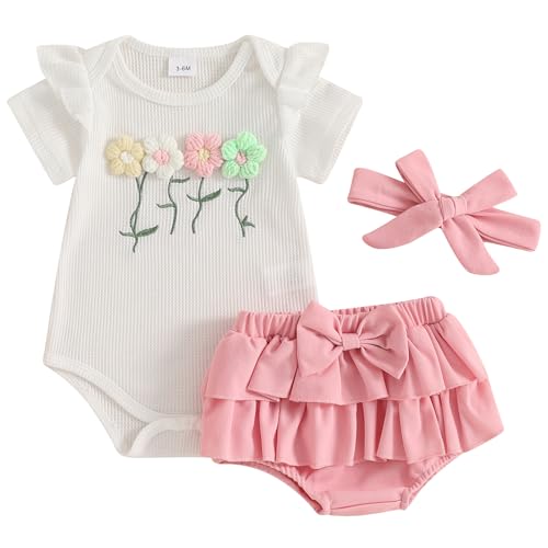 Image of Mubineo Baby Girl Clothes Summer Outfits Cute Flower Romper Ruffle Skirt Shorts Skort Newborn Outfit Bodysuit Sets